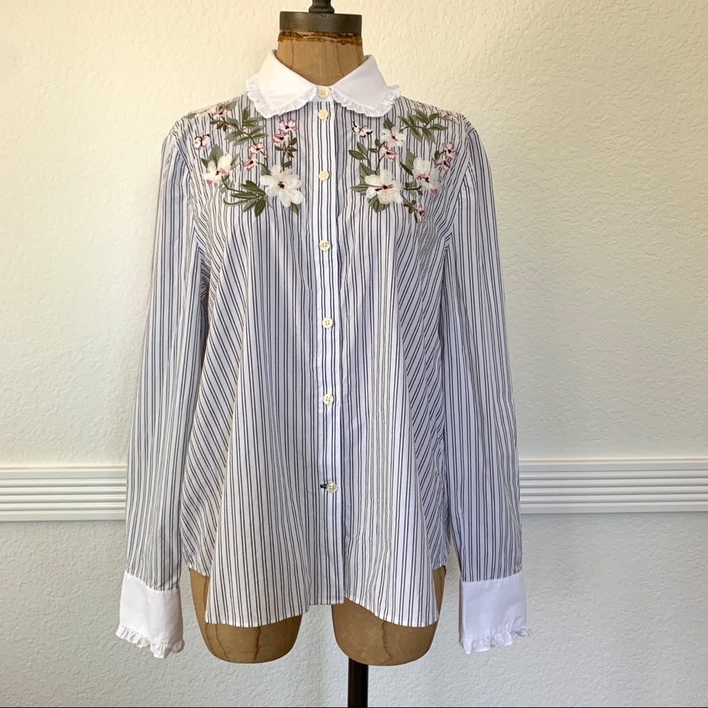 Kate Spade Embroidered Stripe Ruffle Top (M)